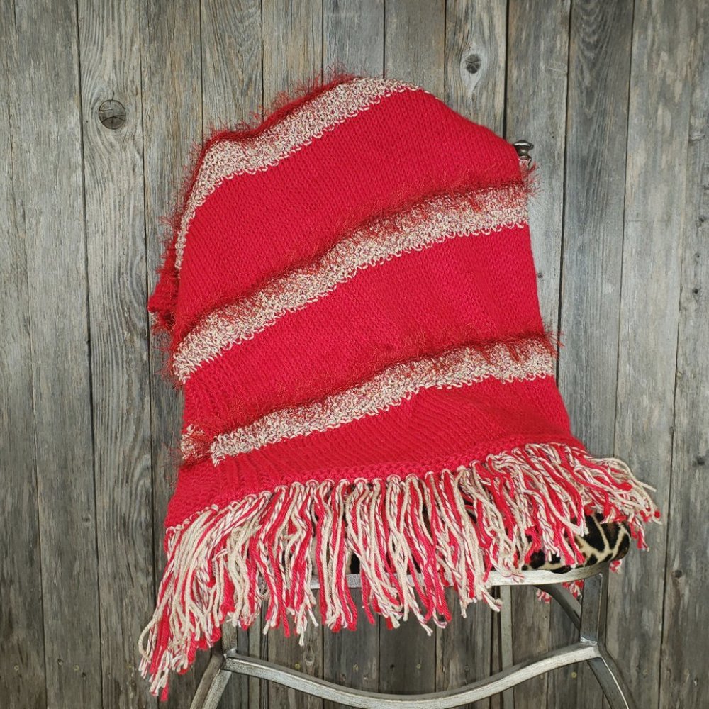 Red Beige Ivory Handmade Knit Afghan Throw NEW Knitted Fringe Handmade Artisan